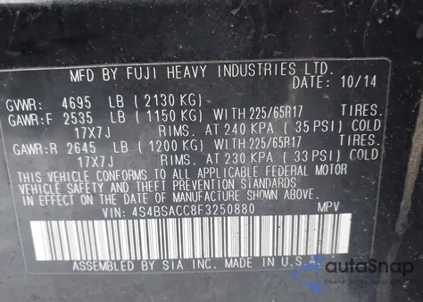 2015 Subaru Outback 2.5I Premium from USA, damaged, VIN 4S4BSACC8F3250880